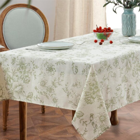 Linen Table Cloth Olive Green Floral Toile on Beige 53 x 69 Rectangle Tablecloth - Picture 6 of 9